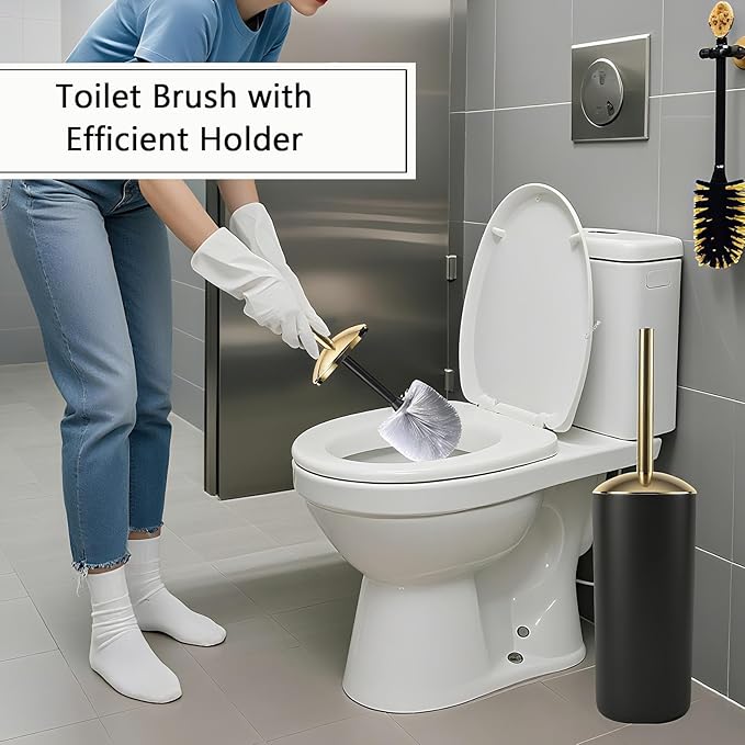 9 Pieces Black Bathroom Accessories Set, Gorgeous Gold Bathroom Set, Trash Can, Toilet Brush, Soap Dispenser and Toothbrush Holder, Soap Dish, Tumber, Qtip Holder, Tray, Sink Countertop Set Decor