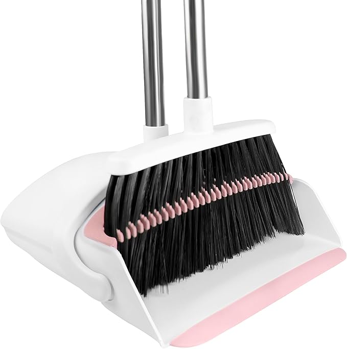 Broom with Dustpan Combo Set for Home, 52-in Long Adjustable Handle Angle Broom and Dustpan Set with Dustpan Comb Teeth for Sweeping Pet Hair Food Dirt Kitchen (White-Pink)