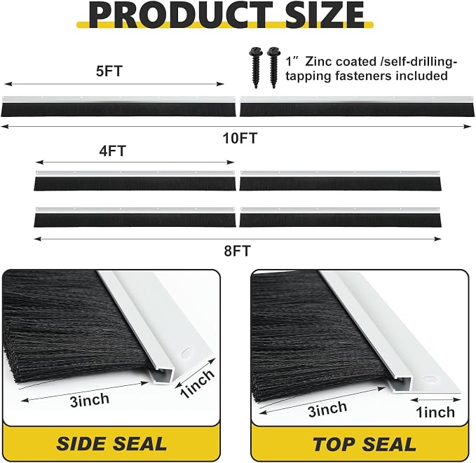 DoubleFill 10 x 8 ft Garage Door Brush Seal Kit, 3 Inch Roll up Door Seal with Aluminum Track, Heavy Duty Nylon Brush for Commercial Doors, Warehouse Barn, Energy Saving, Pest Proof, Black