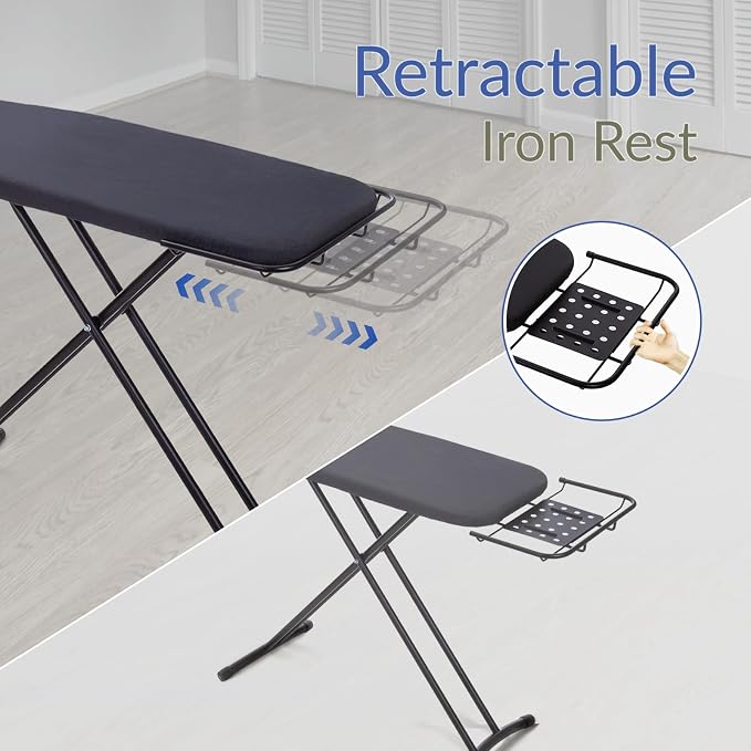 Ironing Board 48" x 15" with Retractable Iron Rest, RAINHOL Heavy Duty Full Size Iron Board, Sturdy Wide Frame with Thick Padding Cover, Height-Adjustable, Black