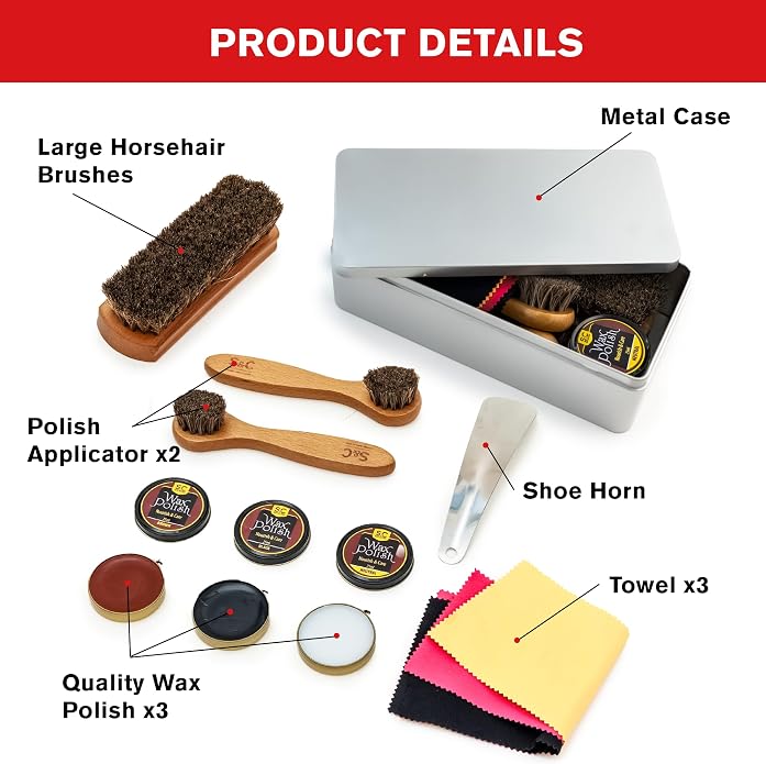 Stone and Clark Leather Shoe Shine Kit - 13 PCS Shoe Polish Kit for Complete Leather Boot Care, Compact & Travel Friendly