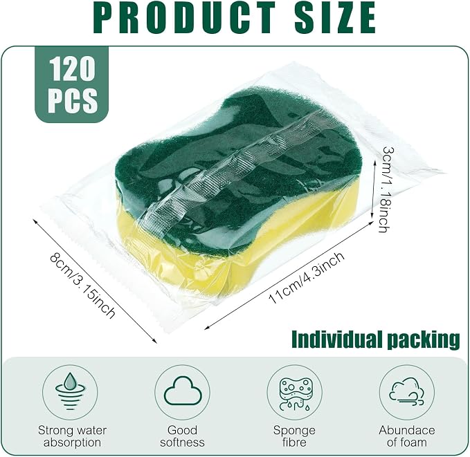 Tanlade 120 Pcs Individually Wrapped Sponges Kitchen Bulk Non Scratch Scouring Sponges for Dishes Household Cleaning Travel Apartments Hotel Car