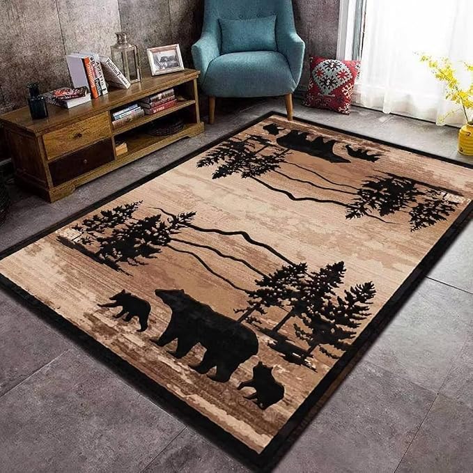 Retro Cabin House Bear Rustic Area Rug for Dining Room Non-Slip Vintage American Style Throw Rugs Home Decor Desert Print Carpet Soft Floor Mat 4'x6'