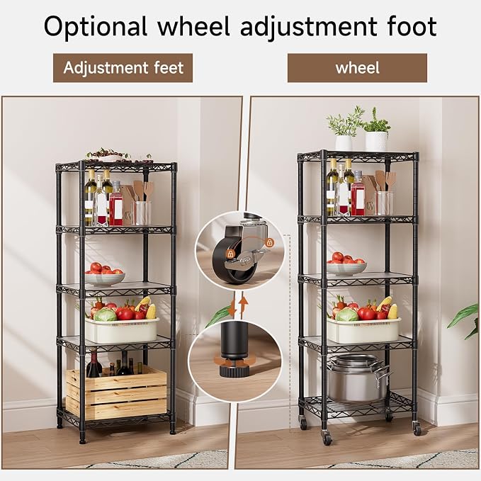 Golpart Small 5 Tier Shelves Storage Wire Shelving Unit Metal Shelf Adjustable Organizers Storage Shelving with Wheels for Bathroom Laundry Room Kitchen Pantry11.7”D x 17.7”W x 57.2”H Black