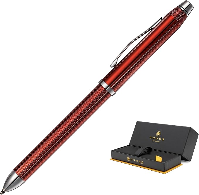 Cross Tech3+ with Sophisticated Brushed Red Diamond Pattern Finish Barrel, 0.5mm Pencil, Black and Red Ink Refills, Interchangeable Cap Tops in Premium gift box