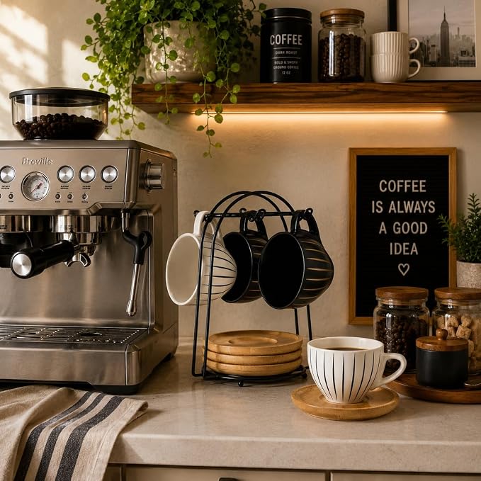 LUKA Ceramic Demitasse Espresso Cups Set with Saucers and Metal Stand, 8 oz Porcelain Cappuccino Cups Teacup For Tea, Espresso, Latte, Coffee, Cafe Mocha, Set of 4, Stripe White & Black