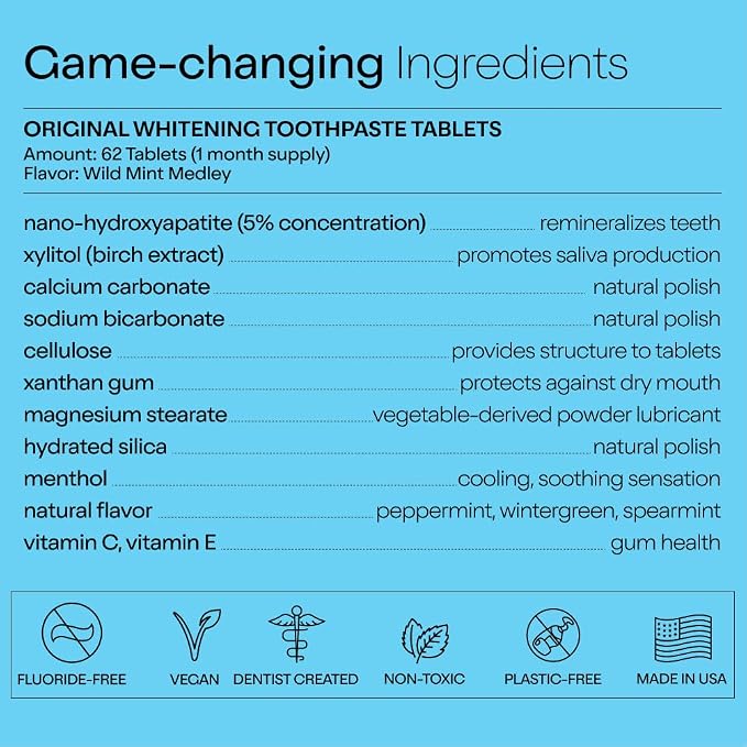 Duo Toothpaste Tablets with Nano-Hydroxyapatite, Wild Mint, 186 Tablets | Nano-hydroxyapatite, natural whitening, enamel remineralization, sensitivity relief, fluoride free, plastic free, wild mint