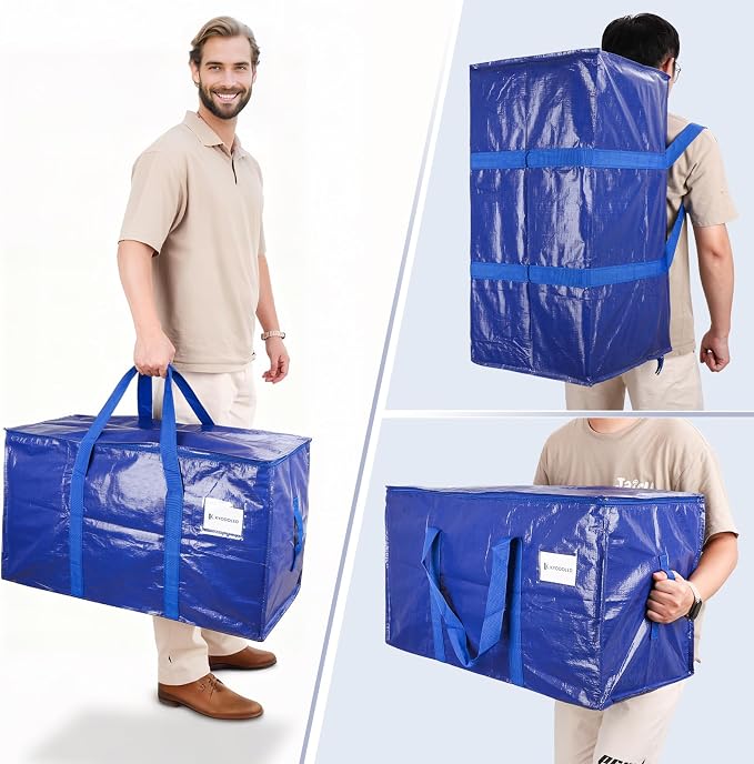 KYODOLED 6 Pack Extra Heavy Duty Blue Moving Bags - Large Move In & Packing Bags for College Students, Sturdy Storage Totes with Strong Zipper & Comfortable Handles for Clothes Storage