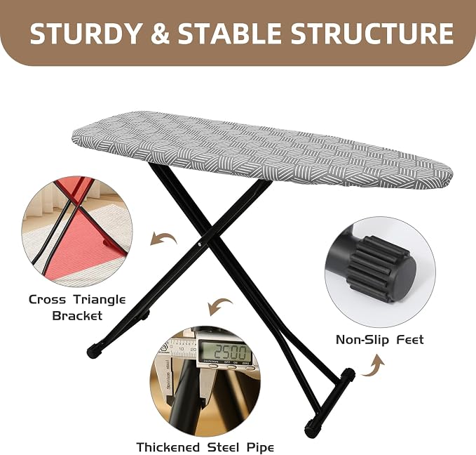 Ironing Board Adjustable Height Folding Ironing Board with Iron Pad, Heat-Resistant Cover, Thick Steel Tube Compact Iron Board (Grey)