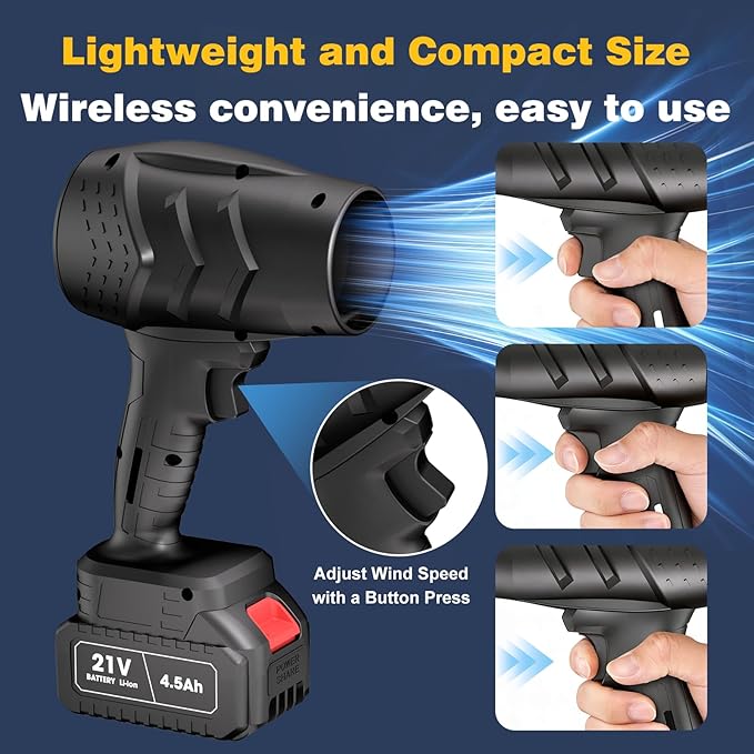 Electric Mini Leaf Blower, Powered Handheld Blower Leaf, Adjustable Wind Speed Cordless 21V Battery Blower with 2 Rechargeable Batteries and Charger, Toolbox, for Yard Leaf & Snow Removal(Black)