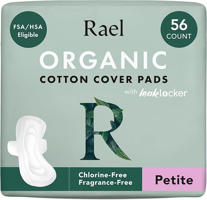 Rael Pads for Women, Organic Cotton Cover - Period Pad with Wings, Feminine Care, Sanitary Napkins, Light Absorbency, Unscented, Ultra Thin (Petite, 56 Count)