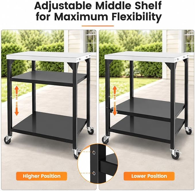 Hisencn 3-Tier Pizza Oven Table, Stainless Steel Outdoor Grill Prep Cart | 32x24 Inch Stainless Steel Grill Table for Pizza Ovens,Blackstone,Cuisinart,Portable Food Station with Hooks&Lockable Wheels