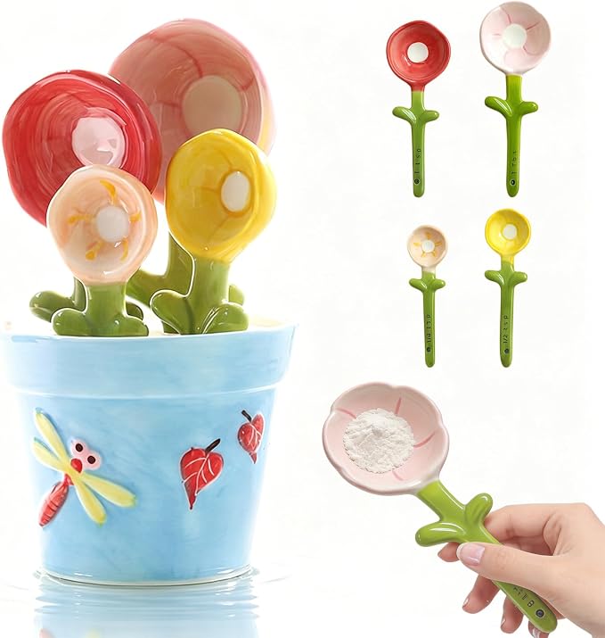 Ceramic Measuring Spoons, 2027 New Flower Measuring Spoons Set In Pot, with Base Decorative Flower Pot and Cup Set for Home and Kitchen (Blue base)