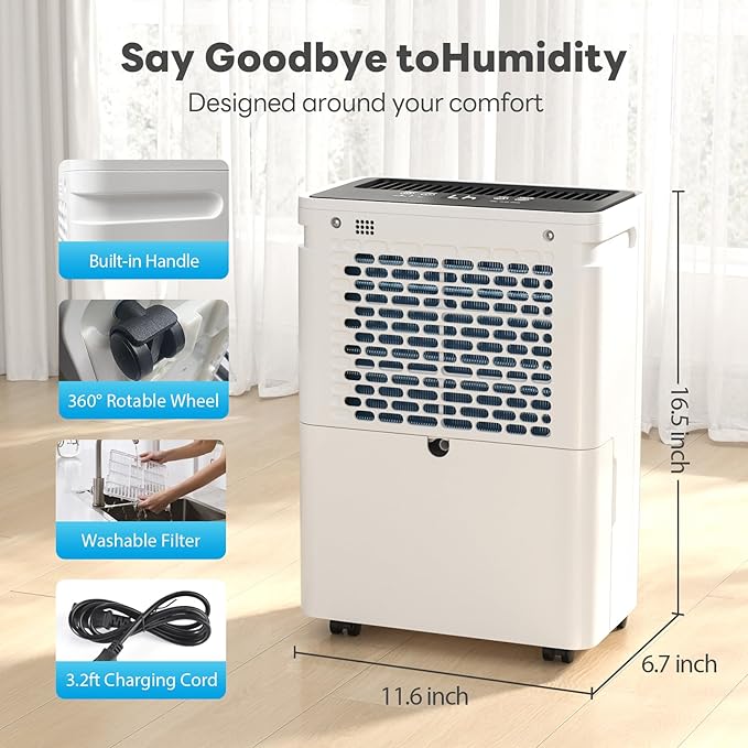 FreAire 2500Sq.Ft Dehumidifier for Basement with 6.56FT Drain Hose, 34Pint Dehumidifiers for Home, 40dB Quiet Dehumidifier for Bedroom, Bathroom, 2L Water Tank, 3-Color Humidity Light