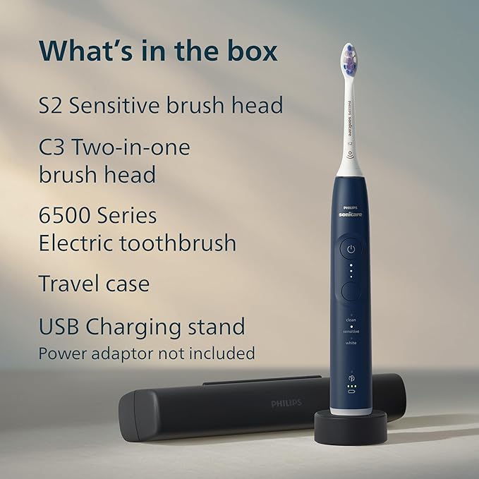 Philips Sonicare 6500 Series Electric Toothbrush - Next-Generation Sonicare Technology, Pressure Sensor, 9 Brushing Settings, SmarTimer, BrushPacer, 21-Day Runtime, Travel Case, Navy Blue, HX7413/07