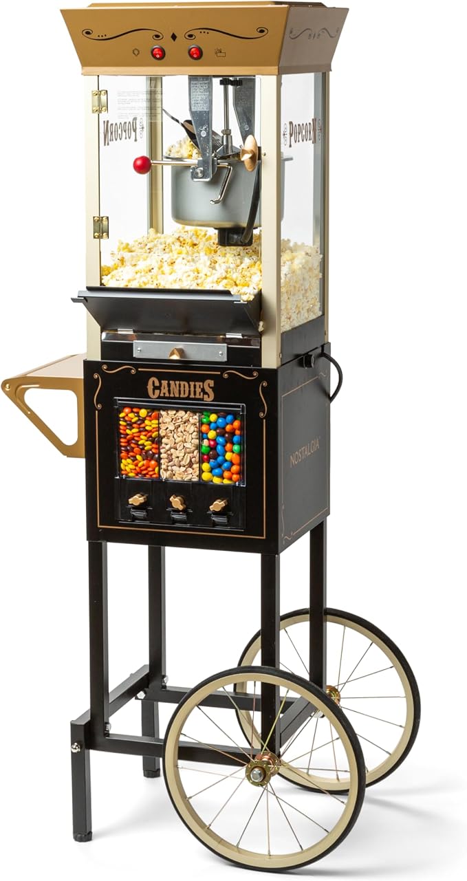 Nostalgia Popcorn Maker Machine and Dispensing Candy Cart - Vintage Popcorn Maker with 8 oz Stainless Steel Kettle - Bring Home the Fun with Theater Style Popcorn Machine - Black