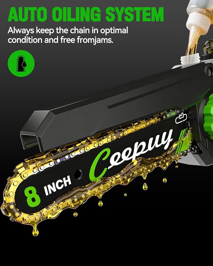 CEEPUY 8 Inch Brushless Mini Chainsaw with 2×4000mAh Batteries, Battery Powered Handheld Electric Chainsaw with Automatic Oiler/Safety Lock, Ideal for Tree Pruning, Branch Trimming & Wood Cutting