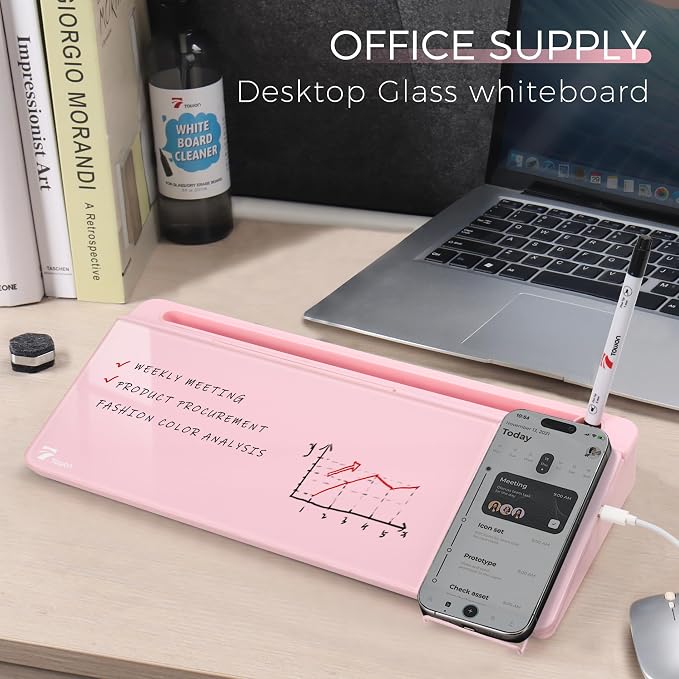 TOWON Desktop Glass Whiteboard with Charger Pad, Small Desk Whiteboard - Glass Dry Erase White Board- Desk Computer Buddy with Storage, Mirror and Charging Station, Pink, 17 x 6 in