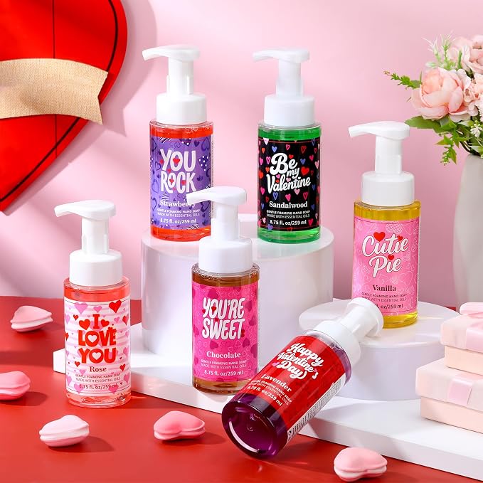 6 Pack Valentine's Foaming Hand Soap with Pump Care Moisturizing Liquid Scented Foam Hand Wash Valentine's Galentine's Day Sweet Gifts for Kitchen Bathroom Family Teacher Staff 8.75 Fl. oz