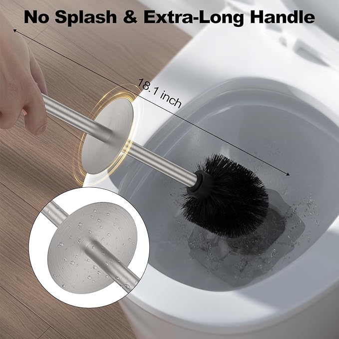 Stain Nickel Toilet Brush and Holder Set，Stainless Steel Heavy Duty Toilet Bowl Brush，Extra Long Handled Modern Toilet Cleaner Brush with Replaceable Head, Removable Inner Bowl, and Splash Protection