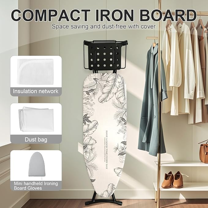 Ironing Board,Foldable Ironing Board Adjustable Height Compact Iron Board Thick Steel Tube Iron Board with Holder,Replacing Cloth Cover and Mini Handheld Gloves, Gift for Women(Leaf Print)
