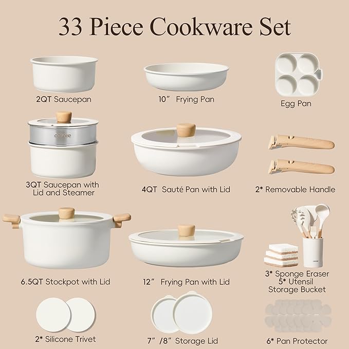 CAROTE 33pcs Pots and Pans Non Stick, Cookware Sets Detachable Handle, Induction Kitchen Pots and Pans, NonStick Cooking Set, Oven/Dishwasher/Fridge Safe, Space Saving