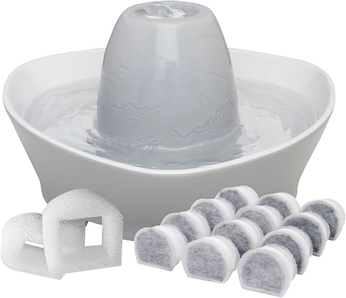 PetSafe Creekside Ceramic Pet Fountain, 60 Oz, Extra Filters | 60 Oz Capacity, Whisper-Quiet Flow, Includes 12 Extra Carbon & 2 Extra Foam Filters, Dishwasher Safe, Cats & Small Dogs