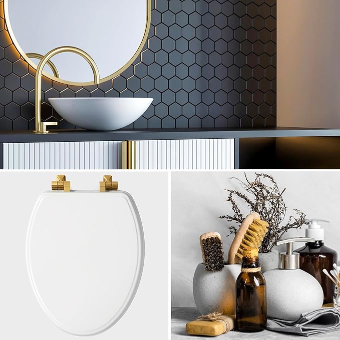 Mayfair Bennett Toilet Seat with Brushed Gold Hinges, Slow Close Wood Seat, Secure Metal Hinges, Easy Install, Made in USA, Elongated, White
