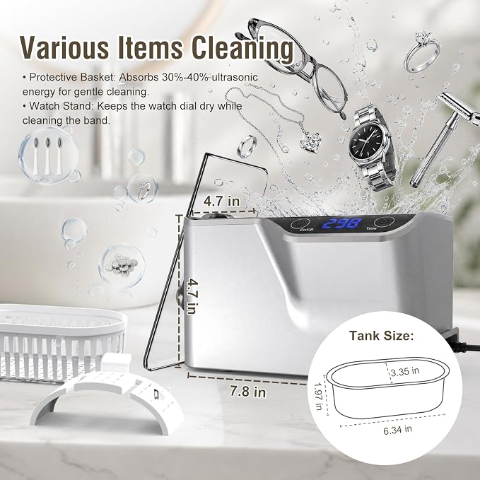 LifeBasis Ultrasonic Cleaner, Professional 45kHz Ultrasonic Jewelry Cleaner 20 Ounces (600ML) with Digital Timer, Watch Holder Ultrasonic Glasses Cleaner for Rings, Coins, Watches, Dentures, Silver