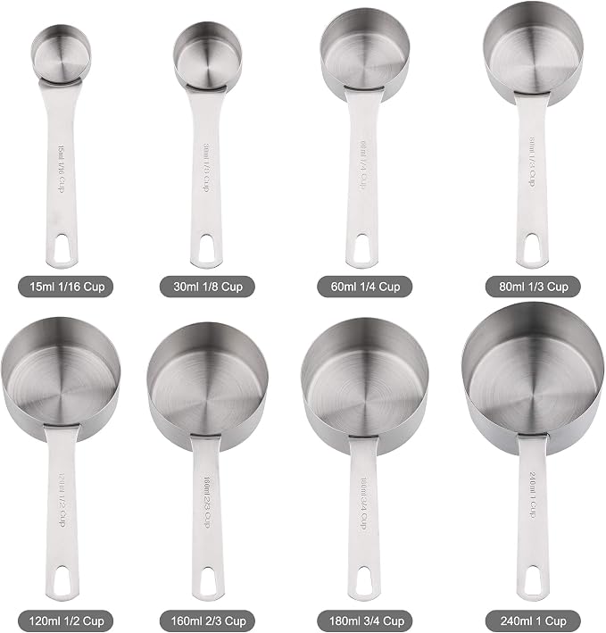 Measuring Cups Set, 18/8 Stainless Steel Measuring Cups and Spoons Set, 8 Kitchen Measuring cups & 9 Baking Measuring Spoons & Magnetic Conversion Chart&Leveler&Rings-Metal Measure Cups&Spoons