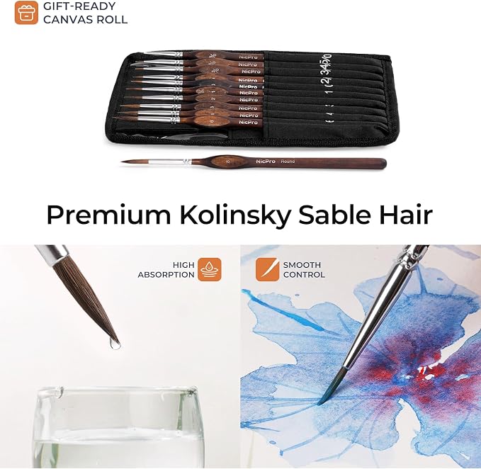 Nicpro 11 PCS Kolinsky Sable Miniature Paint Brushes, Professional Fine Detail Paint Brushes with Cloth Roll, Round Point Artist Brush Set for Miniatures, Acrylic & Figures, Model, Watercolor Details