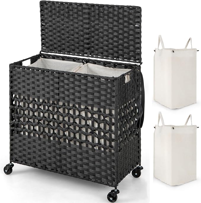 Giantex Laundry Hamper with Wheels and Lid, 33 Gal (125L) Wicker Laundry Basket, 2 Removable Liner Bags, Handles and Pulling Strap, Synthetic Rattan Rolling Laundry Hamper Clothes Storage