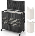 Giantex Laundry Hamper with Wheels and Lid, 33 Gal (125L) Wicker Laundry Basket, 2 Removable Liner Bags, Handles and Pulling Strap, Synthetic Rattan Rolling Laundry Hamper Clothes Storage