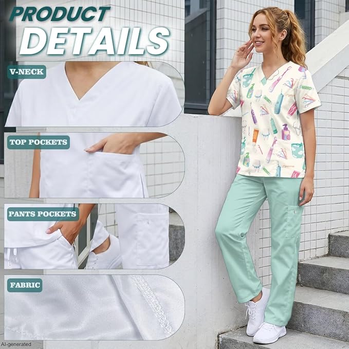 Gomyblomy Women's Scrubs Suit 3-Piece Set | Teeth Print V-Neck Top & Pants & Cap, Breathable and Stretch Fabric, S-5XL