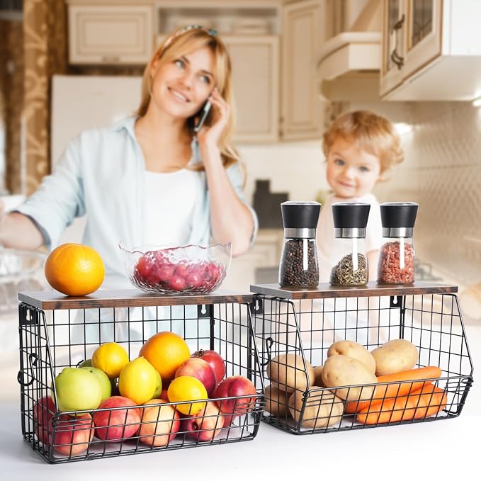 Mefirt Fruit Bowl, Stackable Wall Mounted Fruit Basket of Smooth Wood Lid with 4 Banana Hanger Hooks, Metal Kitchen Counter Organizer for Snack, Fruit and Vegetable Storage, 11.8 * 7.9 * 8.5 Inches