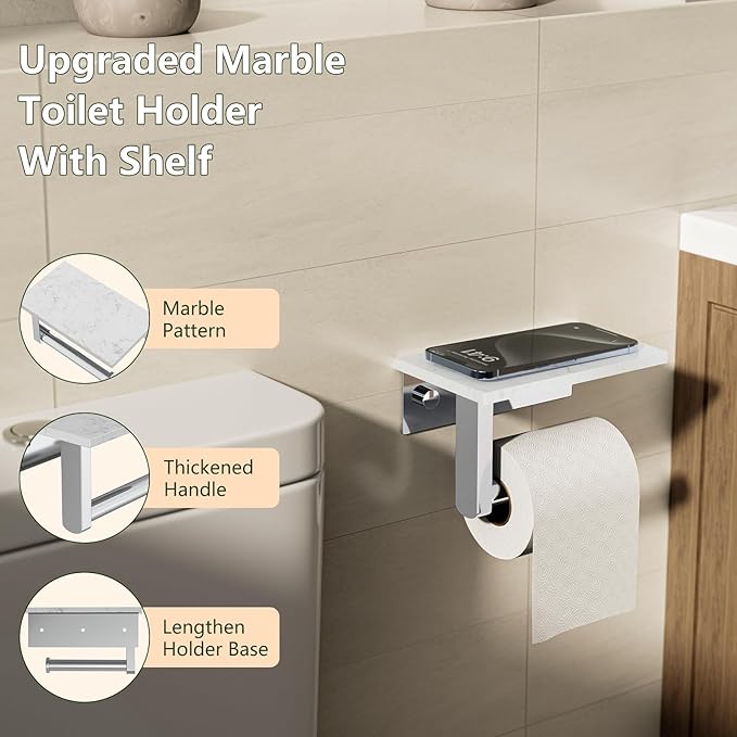 Marble Toilet Paper Holder with Shelf, Evolvegoods Chrome Bathroom Toilet Paper Holder Wall Mount, 304 Stainless Steel Modern Toilet Paper Roll Holder Storage Tissue Holder