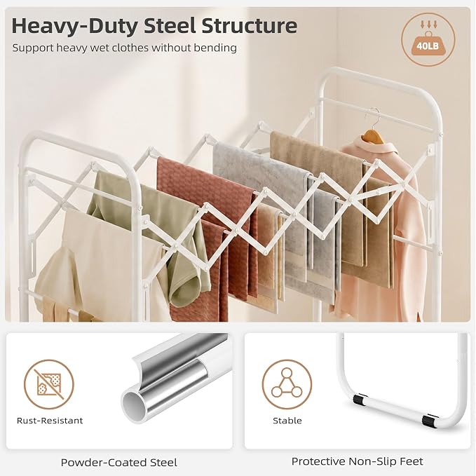 STORAGE MANIAC Clothes Drying Rack Foldable for Indoor Outdoor Use, White | 13 Drying Rails Accordion | Antirust Metal Free-Standing Laundry Drying Rack for Clothing Towels | 16.9"D x 36.4"W x 38.2"H