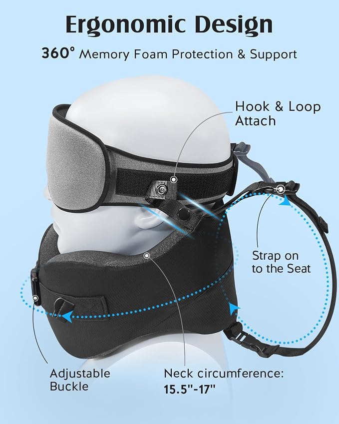 YFONG Travel Pillow for Long Flight Airplane, Head Strap Combo with 3D Contoured Sleep Eye Mask, Neck Pillow for Travel Essential, 360° Support Memory Foam Headrest, Prevent Bobbing, Drawstrap - Grey