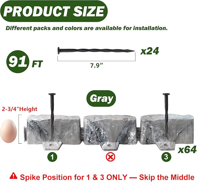 Landscape Edging Garden Edging Border Faux Stone Edging,91FT x 2.75 in Tall | Decorative Stone-Look Garden Border for Flower Bed Edging,Yard Edging,Lawn Trees and Gardens,w/ Anchoring Spikes,Gray