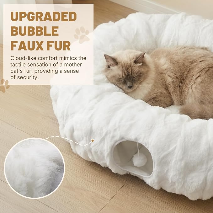 Extra Large Cat Tunnel, 47.2in Luxury Tunnel for Large Cats, Extra Long Bubble Fleece Big Cat Tunnel for Cats with Washable Mat, Skin-Friendly Large Tunnel for Cats, Puppy, Rabbits White