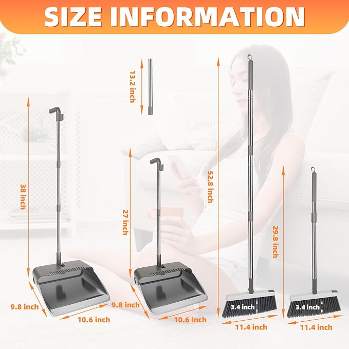 Broom with Dustpan Combo Set, Heavy Duty Standing Metal Dust Pan with Teeth, Indoor Outdoor Up for Home Kitchen Lobby Room Office, Grey