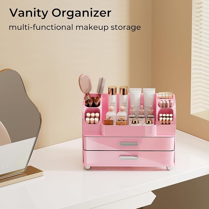 UFORU Makeup Organizer for Vanity with 2 Large Drawers, Cosmetic Display Case with Brush Holders, Easy to Storage for Bathroom Countertop Skincare, Desk Office Supplies, All Pink