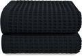 Jacquotha Waffle Bath Towel Set of 2 (Black) - Cotton, Thin, Low Lint | 31” x 62” Soft Bath Towels for Bathroom, Shower, Pool & Beach