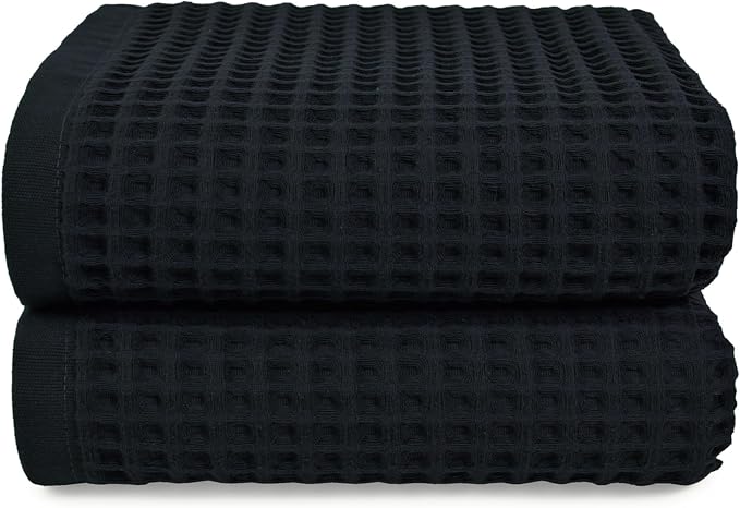 Jacquotha Waffle Bath Towel Set of 2 (Black) - Cotton, Thin, Low Lint | 31” x 62” Soft Bath Towels for Bathroom, Shower, Pool & Beach