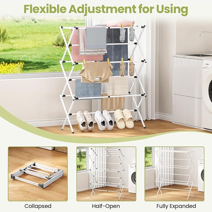 APEXCHASER Large Clothes Drying Rack Foldable, Drying Rack Clothing, Extendable Laundry Drying Rack, Space-Saving, Suitable for Indoor/Outdoor Use, 45.28" × 14.57" × 35.51", White