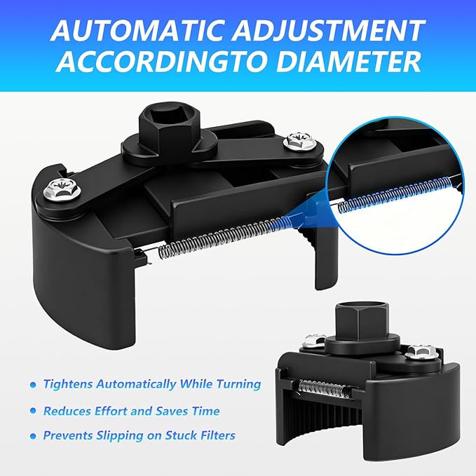 2 PCS Adjustable Oil Filter Wrench Set, 60-80 mm & 80-105 mm Universal Oil Filter Removal Tool, 1/2" & 22mm Drive Non-Slip Auto Clamp Wrench for Car Spin-On Filters