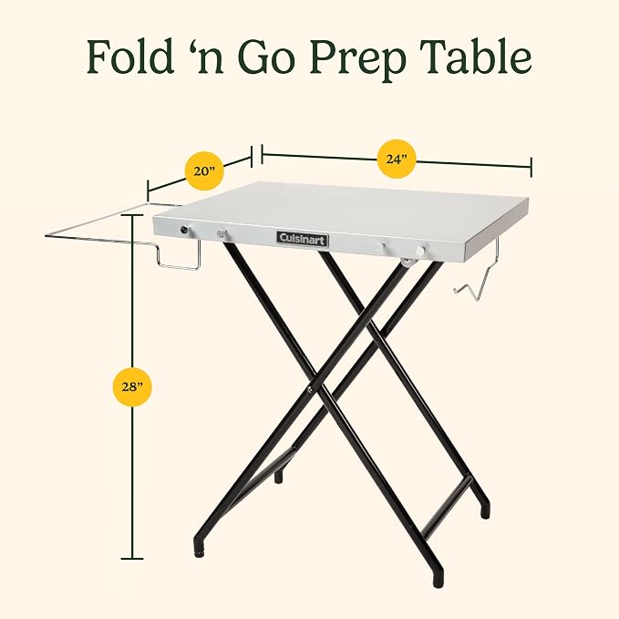 Cuisinart Fold ‘n Go Prep Table, Portable Folding Table and Grill Stand with Tool Hooks, Trash Bag Holder, Paper Towel Rack, 24” x 20” Steel Food Prep Station Perfect for BBQs, Tailgates and Camping