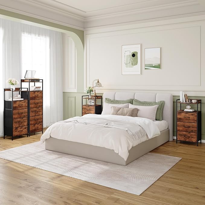 Somdot Tall Nightstand for Bedroom, Tall 5 Drawers Dresser, Vertical Storage Tower Unit, Nightstand Furniture with Fabric Drawer Organizer in Bedside Kids Room, Laundry Entryway, Wood Grain Print