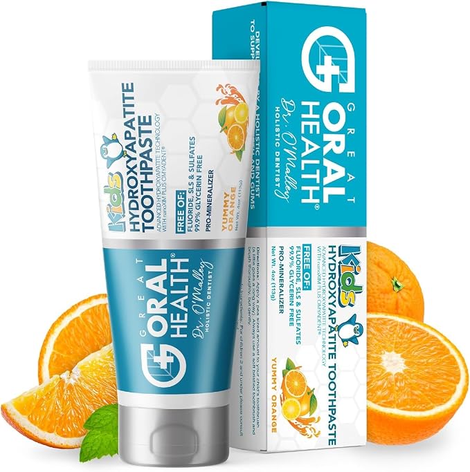 Kids Toothpaste No Fluoride; Non-Toxic Remineralizing Nano Hydroxyapatite Toothpaste Made by Dentist with Xylitol for kids Cavity Protection & Gums, Safe to swallow for Children/Toddlers, Yummy Orange