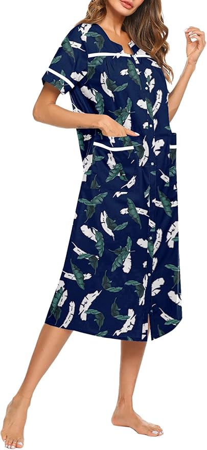 Ekouaer Womens Snap Front Dusters Cotton Housecoat Short Sleeve Nightgown House Dress With Pockets